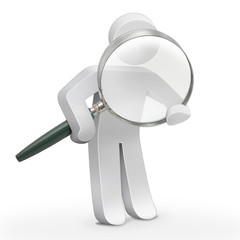3d character man with big magnifier look for something