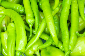 Many green hot peppers arranged at the market