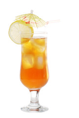 Ice tea with an umbrella and straw