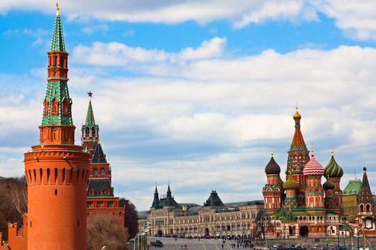 St. Basil's cathedral on Red Square and Kremlin towers in Moscow