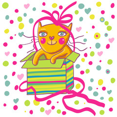 Cute cartoon cat in a present box