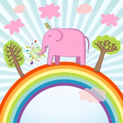 Fotobehang Cartoon zomer illustratie - schattige roze olifant op een regenboog © smilewithjul