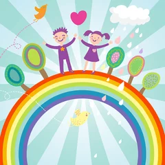 Papier Peint photo Arc en ciel Illustration de dessin animé d& 39 enfants mignons - enfants heureux sur arc-en-ciel
