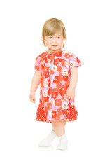 Small smiling baby in red dress isolated