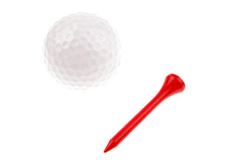 Golf ball and tee on white background