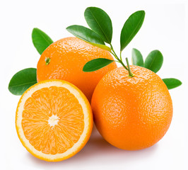Oranges with leaves on a white background.