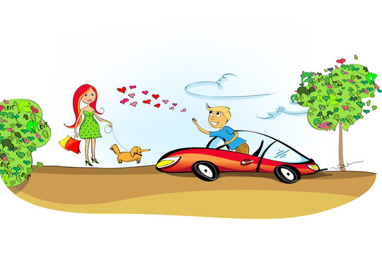 Love between man driving his car and a woman