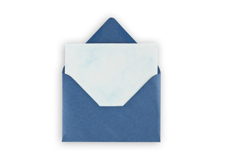 Old open envelope with paper on white background.