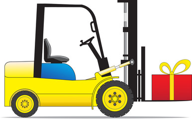 Forklift loader carrying present box