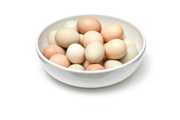 Bowl of free range eggs on a white background.