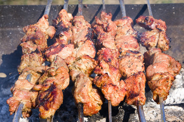 Shish kebab preparation on a brazier. Outdoor picnic.