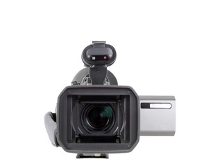 Video camera with lens forward and view screen to side