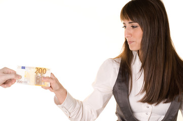 Businesswoman and a man's hand are fighting over 200 EUROS