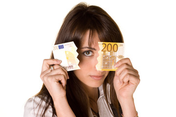 attractive business woman whit cut banknote