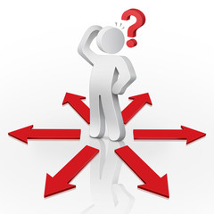 3d character man with a red question mark to face a dilemma