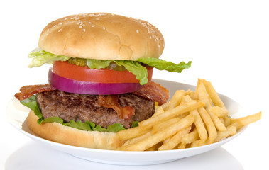 Burger and Fries on White Plate
