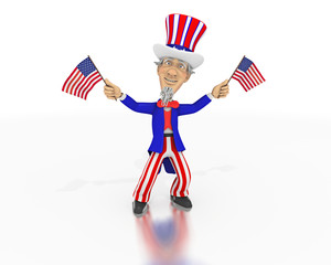 Uncle Sam waves two small American flags