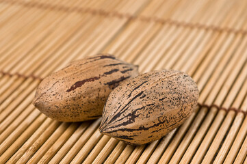 Two pecan nuts, close up.