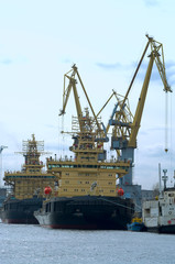 Fototapeta premium Several ships load cargo on board by harbour cranes