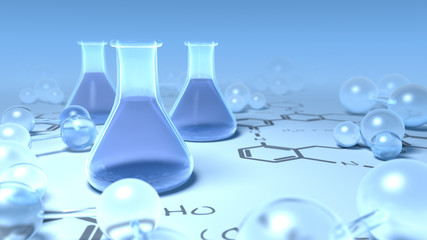 Chemisty flasks surrounded with molecules on scientific chart