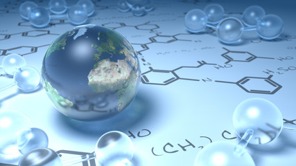 Earth surrounded by glass molecules on chemistry diagram