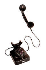 Black vintage telephone, isolation on white