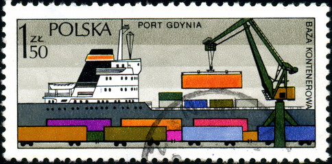 Pologne, Port de Gdynia. Timbre postal.