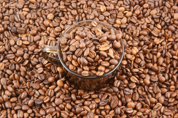 Cup of coffee filled up with beans