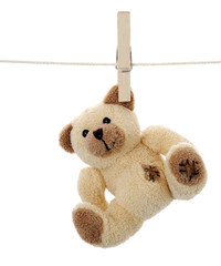 Petit ours brun suspendu sur une ligne
