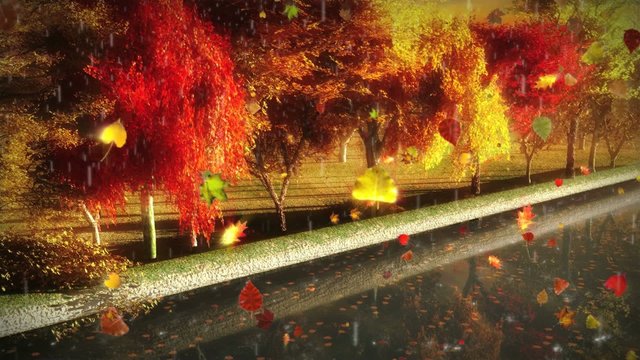 (1056) Autumn Park with falling leaves, rain and canal. Looping!