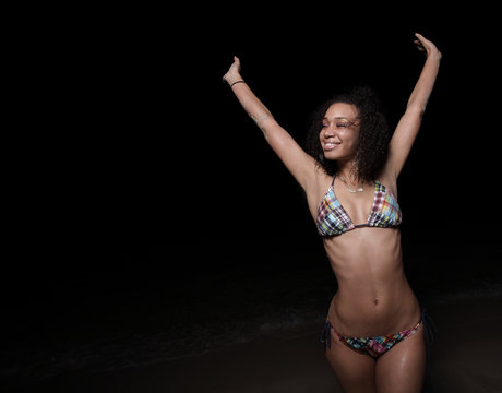 Woman Waving With Both Arms