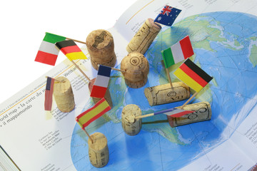 Worldwide wine-making (wine corks set on world map)