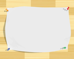 White paper sheet and motley pins on wood texture (vector, CMYK)