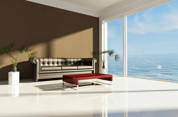 brown beach house with classic sofa -rendering