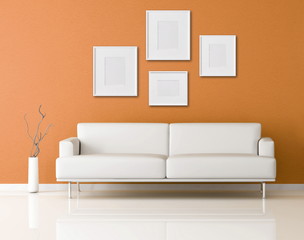 white sofa in a orange living-room-rendering
