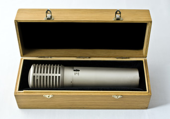 Studio microphone in a wooden case
