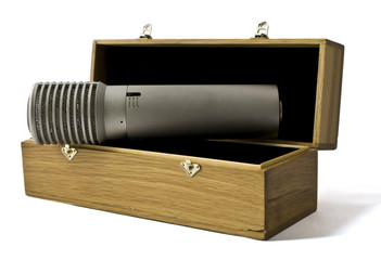 Studio microphone in a wooden case