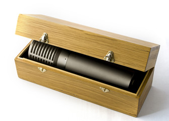 Studio microphone in a wooden case