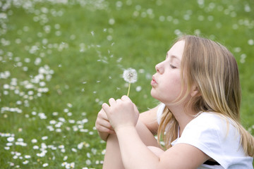 Maedchen, blond, 13 Jahre, Wiese, Pusteblume, blasen