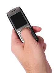 arm typing on the smartphone isolated on white