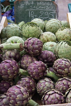 Fresh artichokes on farmer`s market, Provence, france