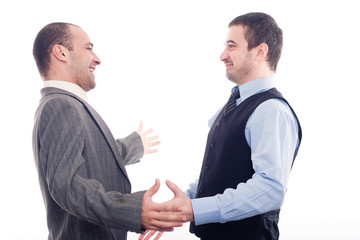 Two very happy business men isolated on white