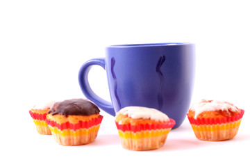 Coffee with milk color cup with cakes  on white background