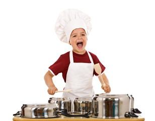 Happy chef shouting and banging the cooking pots