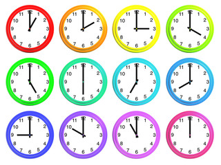 12 colourful clocks