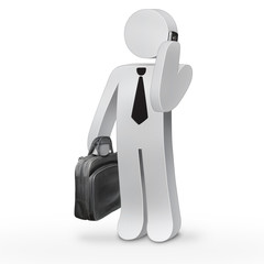 3d business man holding a suitcase and speaking on mobile phone