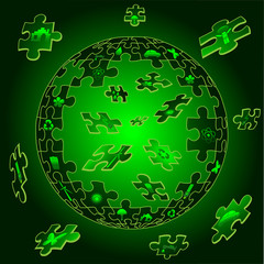 Eco Earth in flying puzzle pieces with eco icons