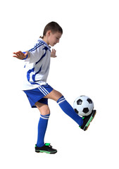 Boy with soccer ball on a white background