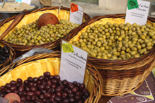fresh olives on farmer's market in Provence, france, Europe