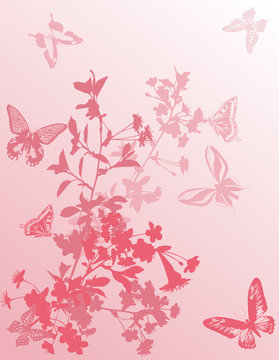 background with pink butterflies and flowers